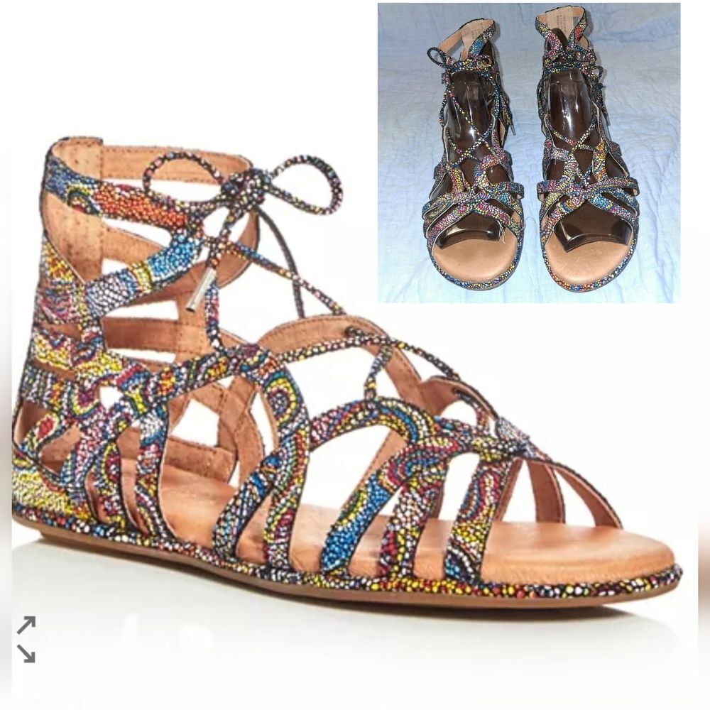 Gentle Souls Leather Colorful Beaded Lace-Up Sandals Size 8.5M